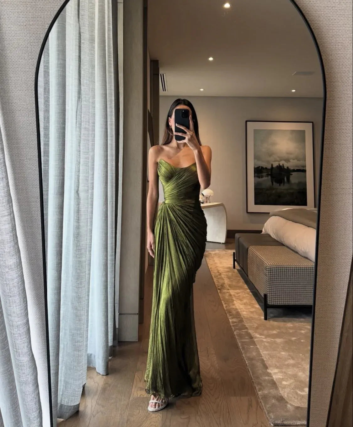 Glamorous Sheath Sweetheart Sleeveless Ruched Olive Floor-Length Prom Dress For Women Hot Sale