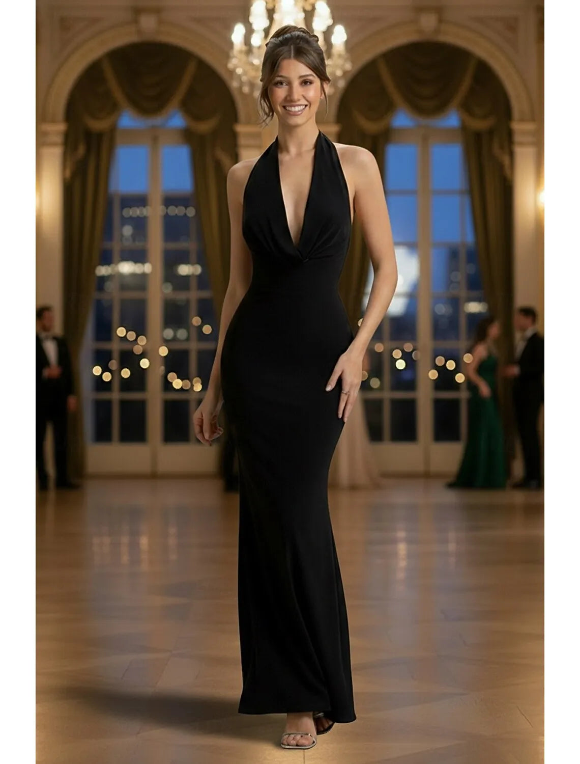 Glamorous Solid Color Mermaid Halter Backless Black Floor Length Prom Dress