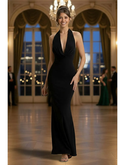 Glamorous Solid Color Mermaid Halter Backless Black Floor Length Prom Dress