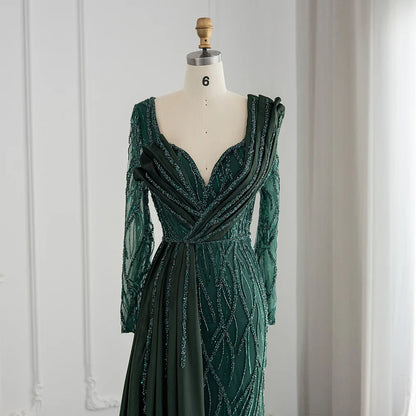 Gold Mermaid Sequin Prom Dress Elegant Long Sleeves Evening Dress Emerald Green Sweetheart V Neck Party Dress