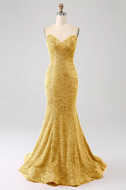 Sequins Mermaid Strapless Long Prom Dress