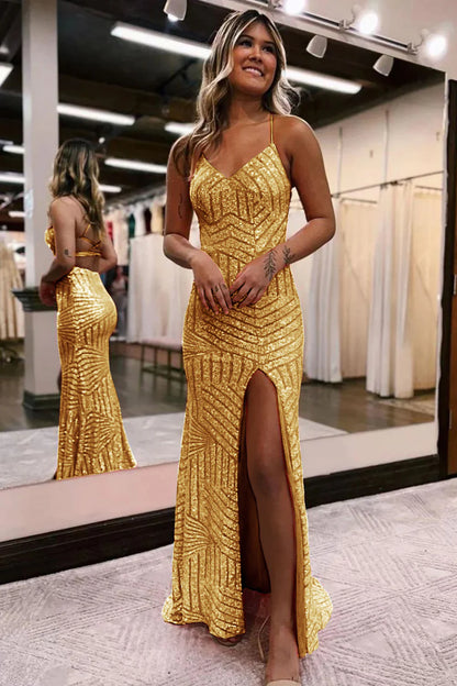 Sequins V-Neck Spaghetti Straps Prom Dress