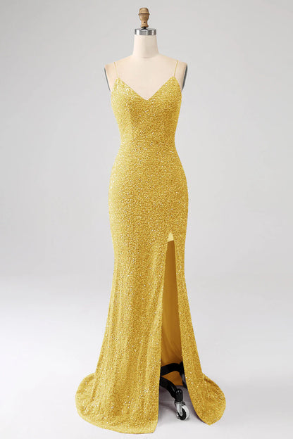 Sequins Mermaid Spaghetti Straps V-Neck Long Prom Dress
