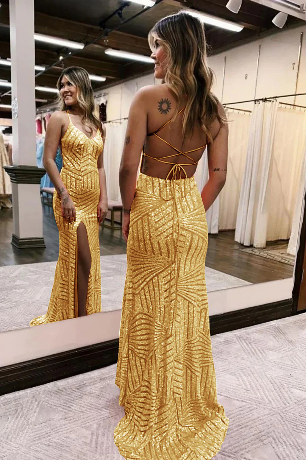 Sequins V-Neck Spaghetti Straps Prom Dress