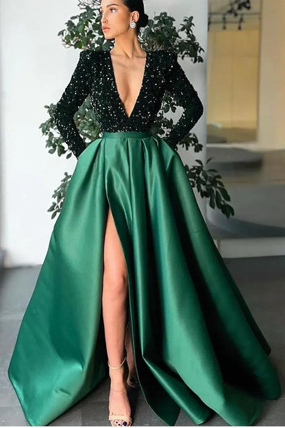 Gorgeous A-Line Deep V-Neck Long Sleeves Sequins Floor-Length Prom Dress