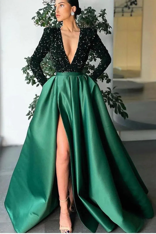 Gorgeous A-Line Deep V-Neck Long Sleeves Sequins Floor-Length Prom Dress