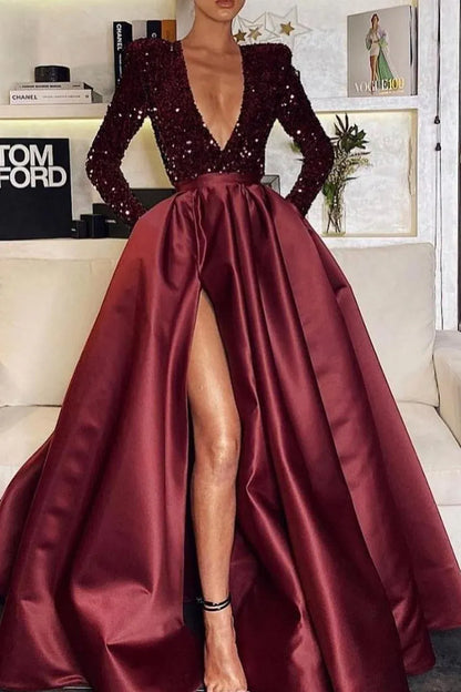 Gorgeous A-Line Deep V-Neck Long Sleeves Sequins Floor-Length Prom Dress