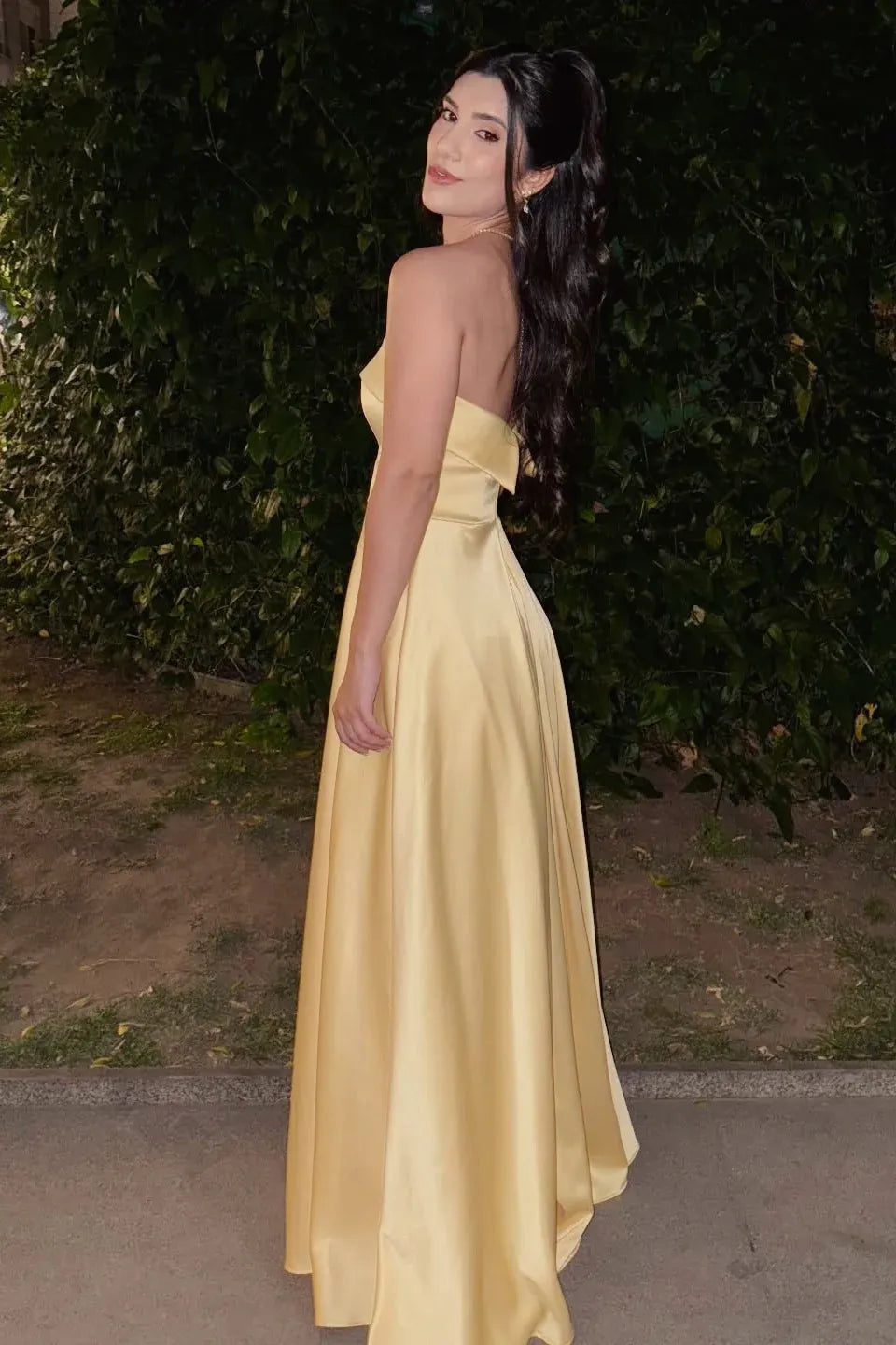 Gorgeous A-line Strapless Sleeveless Slit Satin Floor-Length Prom Dress