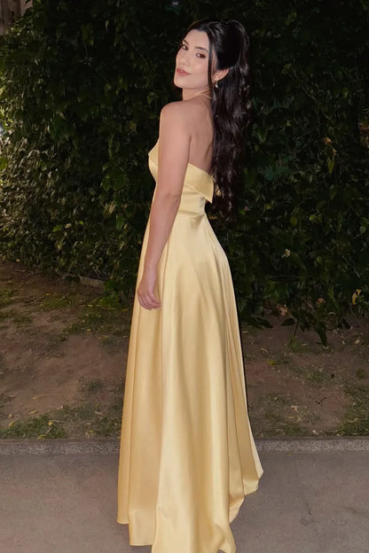 Gorgeous A-line Strapless Sleeveless Slit Satin Floor-Length Prom Dress