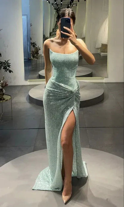 Gorgeous Mermaid/Trumpet Off The Shoulder Sleeveless Sequins Sweep/Brush Train Prom Dress