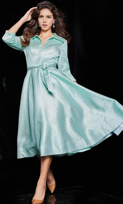 Gowns Evening Dresses/ A-Line V Neck Cuffed Quarter Sleeves Tea Length Hem Prom Dress/ Evening Dresses/ Formal Women's Dresses/ Prom Dress Shops