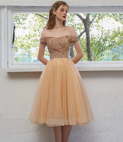 Graceful A-line Off the Shoulder Sleeveless Tulle Tea-Length Prom Dress