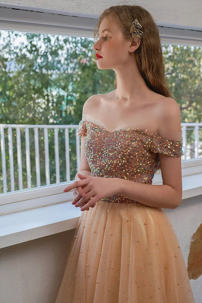 Graceful A-line Off the Shoulder Sleeveless Tulle Tea-Length Prom Dress
