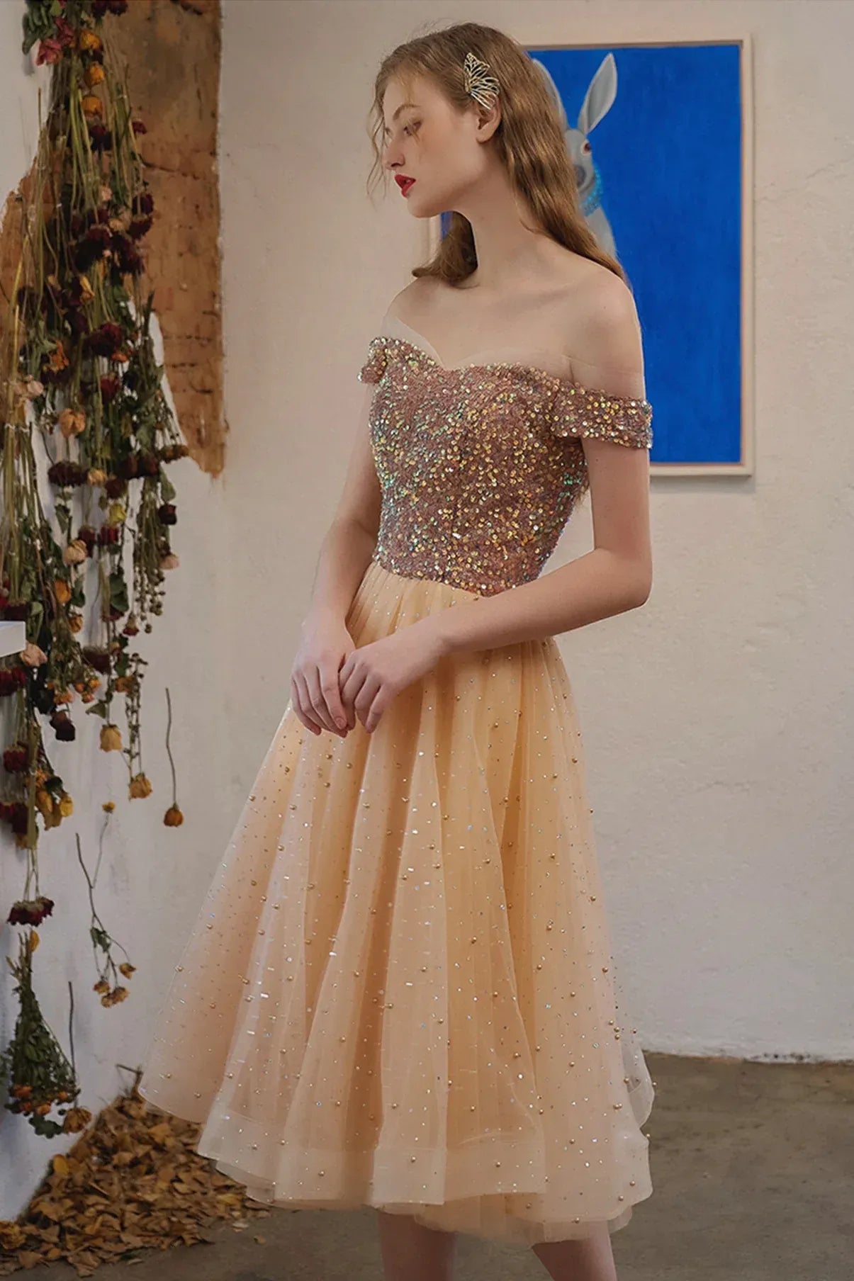 Graceful A-line Off the Shoulder Sleeveless Tulle Tea-Length Prom Dress