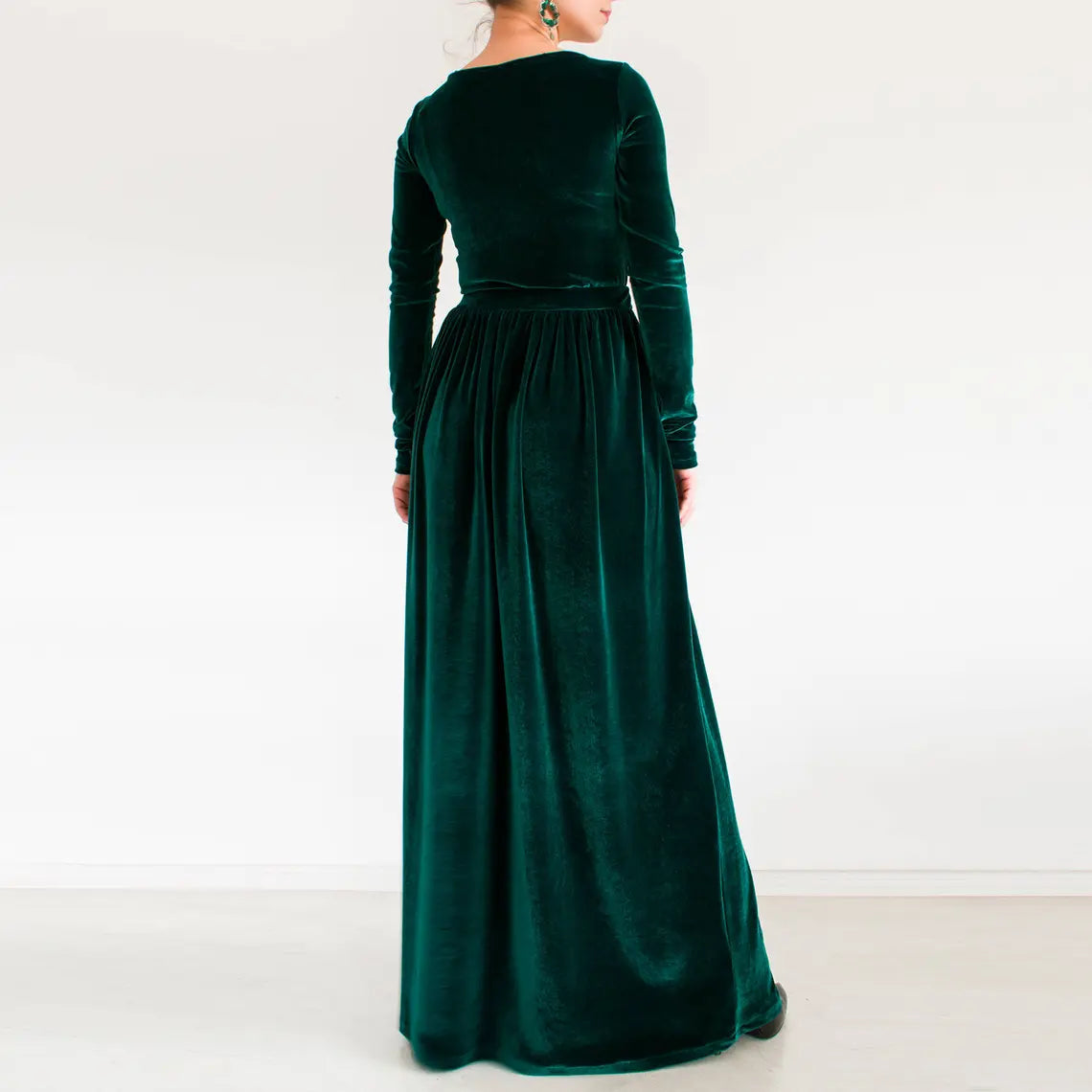 Green Velvet Dress Long Sleeve Dress Long Velour Dress A-line Modest Dress Formal Maxi Dress Dark Green Dress