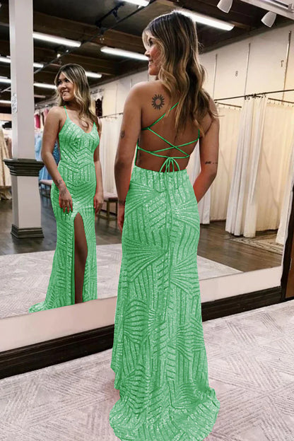 Sequins V-Neck Spaghetti Straps Prom Dress