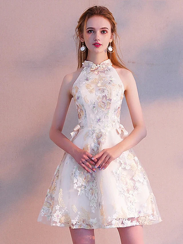 Cocktail Party Dress High Neck Long Sleeve Short Mini Tulle with Sash Ribbon Embroidery
