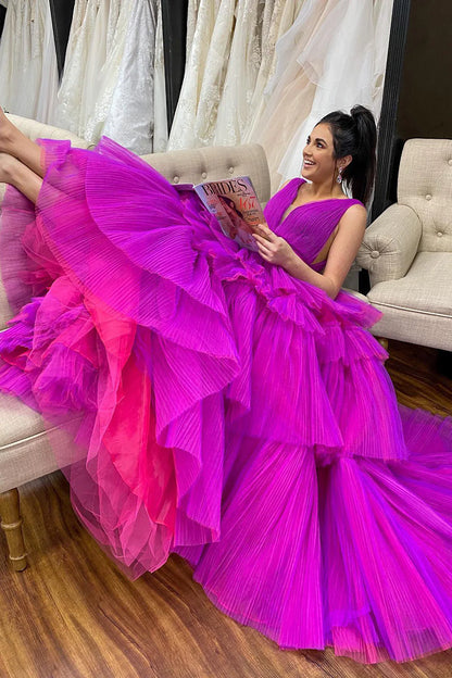 Purple A-LineTiered Tulle Prom Dress