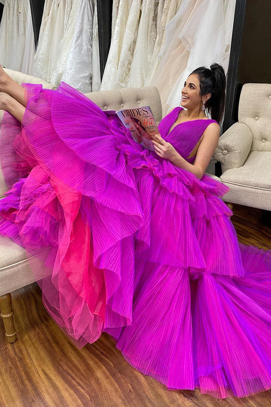 Purple A-LineTiered Tulle Prom Dress