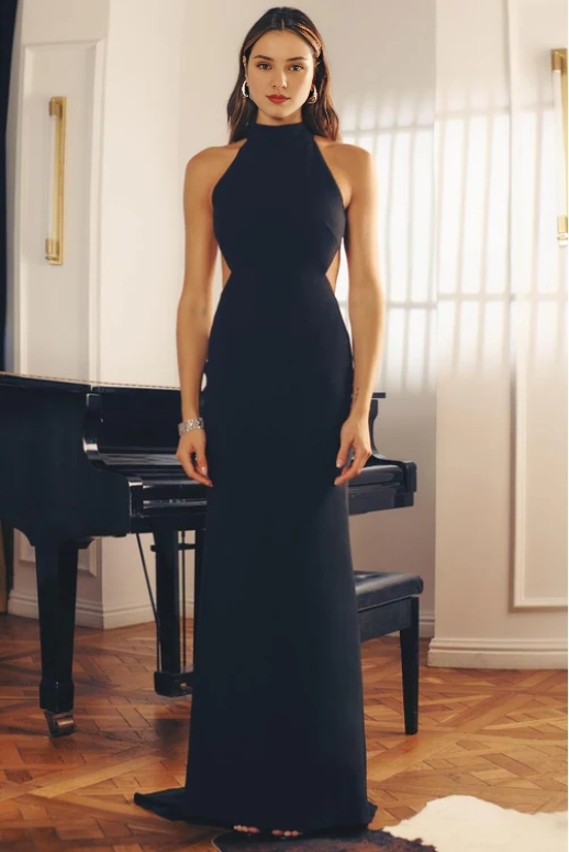 Halter Sleeveless Mermaid Open Back Floor Length Prom Party Dress