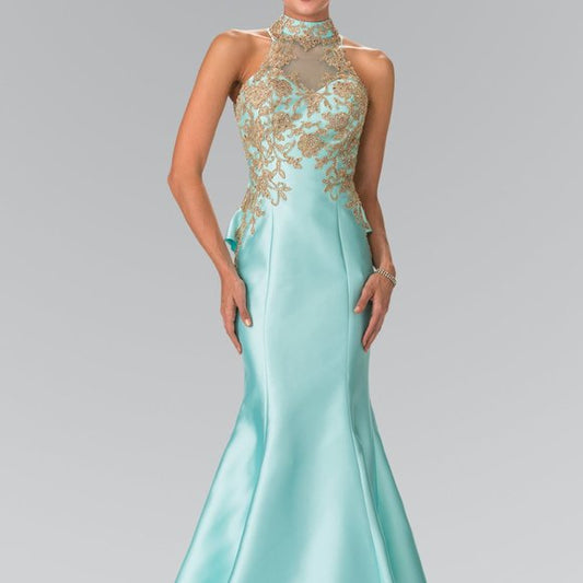 High Neck Sleeveless Mermaid Prom Dress Backless Ruffle Floor Length With Applique