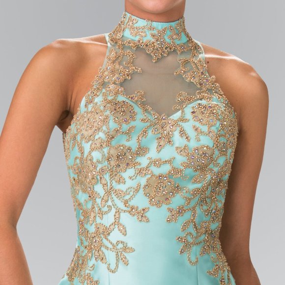 High Neck Sleeveless Mermaid Prom Dress Backless Ruffle Floor Length With Applique