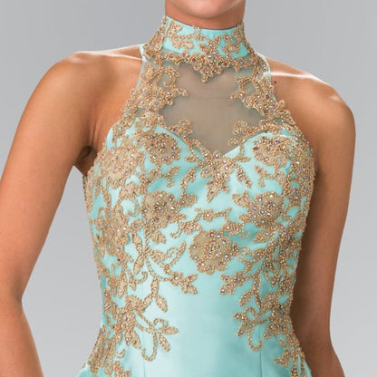 High Neck Sleeveless Mermaid Prom Dress Backless Ruffle Floor Length With Applique