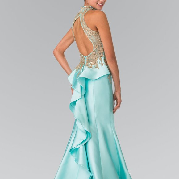 High Neck Sleeveless Mermaid Prom Dress Backless Ruffle Floor Length With Applique