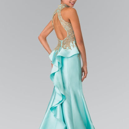 High Neck Sleeveless Mermaid Prom Dress Backless Ruffle Floor Length With Applique