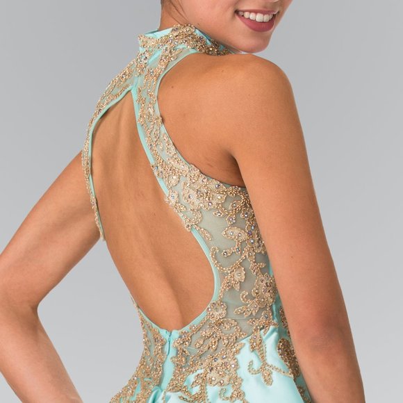 High Neck Sleeveless Mermaid Prom Dress Backless Ruffle Floor Length With Applique