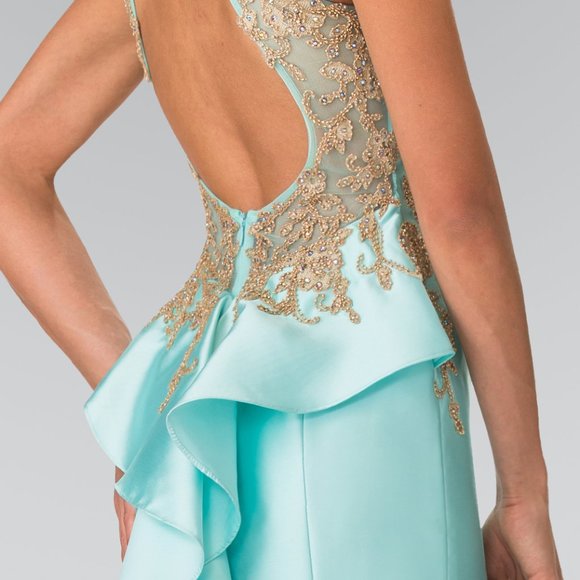 High Neck Sleeveless Mermaid Prom Dress Backless Ruffle Floor Length With Applique