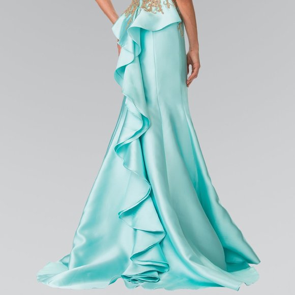 High Neck Sleeveless Mermaid Prom Dress Backless Ruffle Floor Length With Applique