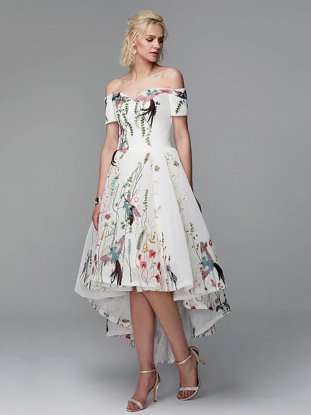 Cocktail Party Prom Valentine's Day Dress Off Shoulder Short Sleeve Asymmetrical Polyester with Embroidery