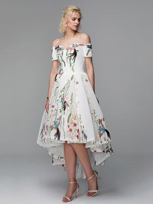 Cocktail Party Prom Valentine's Day Dress Off Shoulder Short Sleeve Asymmetrical Polyester with Embroidery