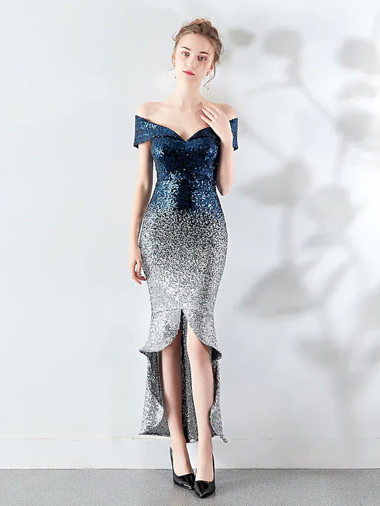 Cocktail Party Dress Off Shoulder Sleeveless Asymmetrical Sequined with Sequin