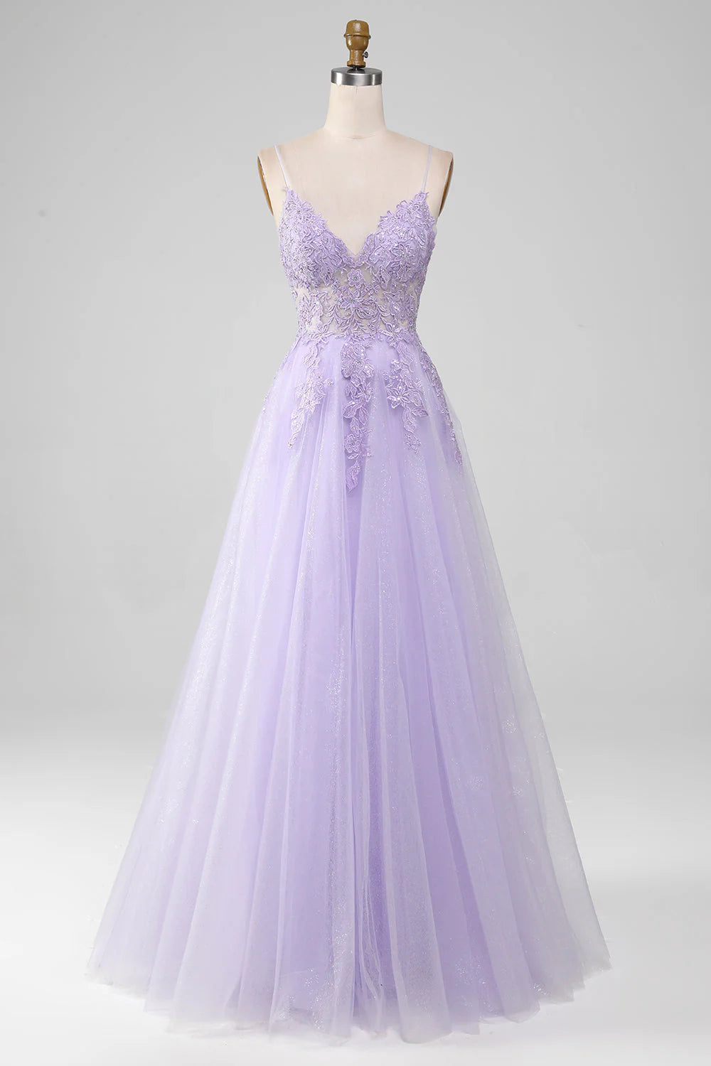 Light Purple Sparkly A-Line Spaghetti Straps Long Prom Dress With Beading