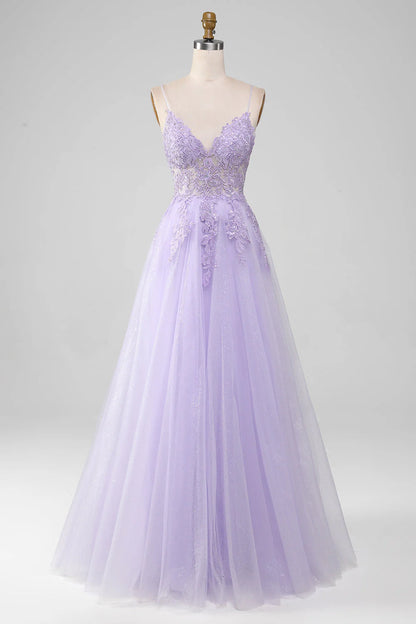 Light Purple Sparkly A-Line Spaghetti Straps Long Prom Dress With Beading