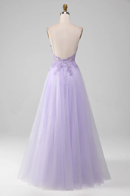 Light Purple Sparkly A-Line Spaghetti Straps Long Prom Dress With Beading