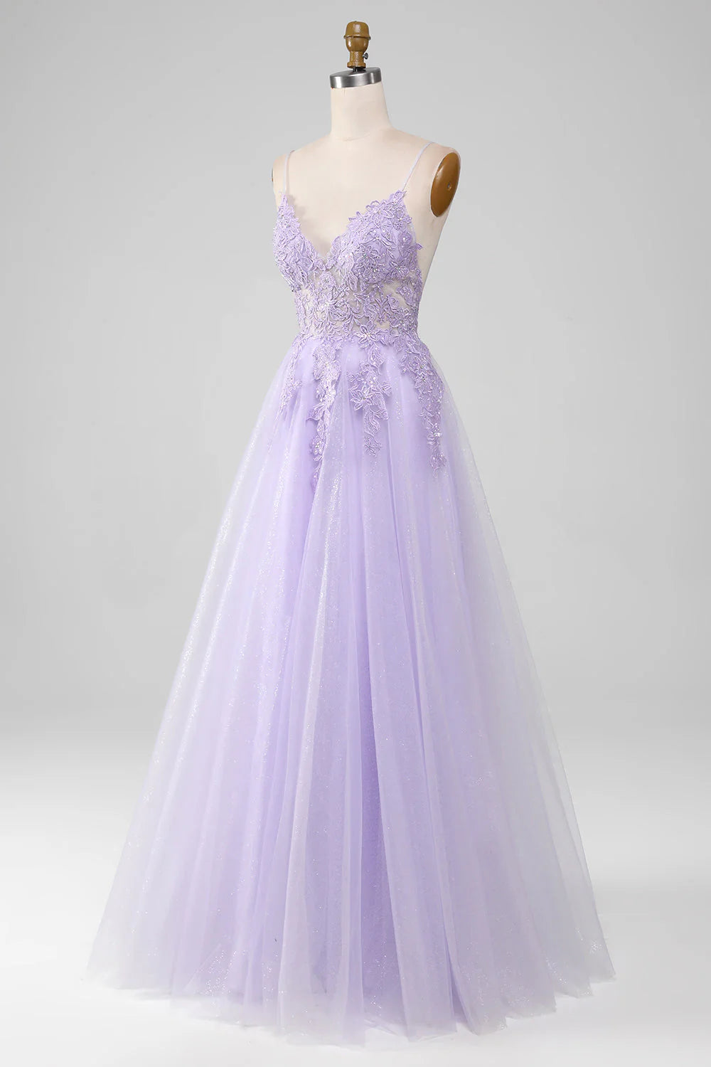 Light Purple Sparkly A-Line Spaghetti Straps Long Prom Dress With Beading