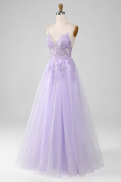 Light Purple Sparkly A-Line Spaghetti Straps Long Prom Dress With Beading