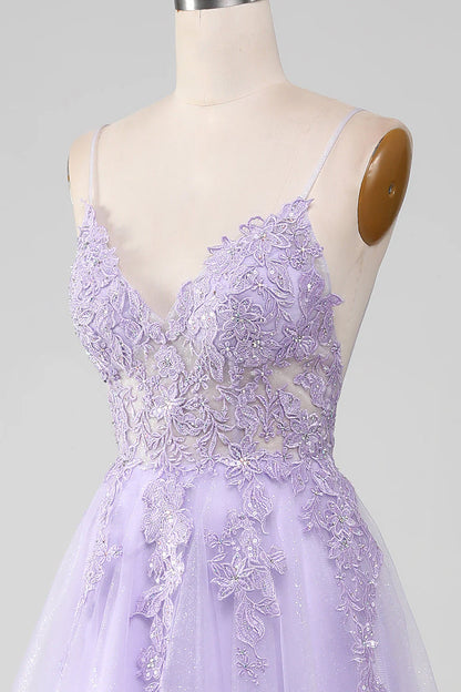 Light Purple Sparkly A-Line Spaghetti Straps Long Prom Dress With Beading