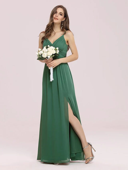 A-Line V Neck Floor Length Chiffon Bridesmaid Dress