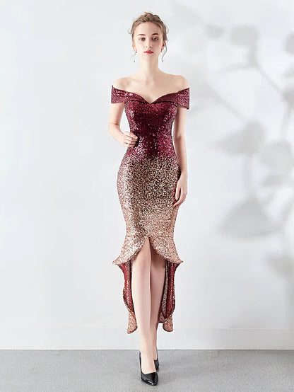 Cocktail Party Dress Off Shoulder Sleeveless Asymmetrical Sequined with Sequin