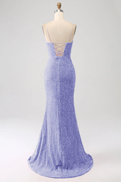 Sequins Mermaid Spaghetti Straps V-Neck Long Prom Dress