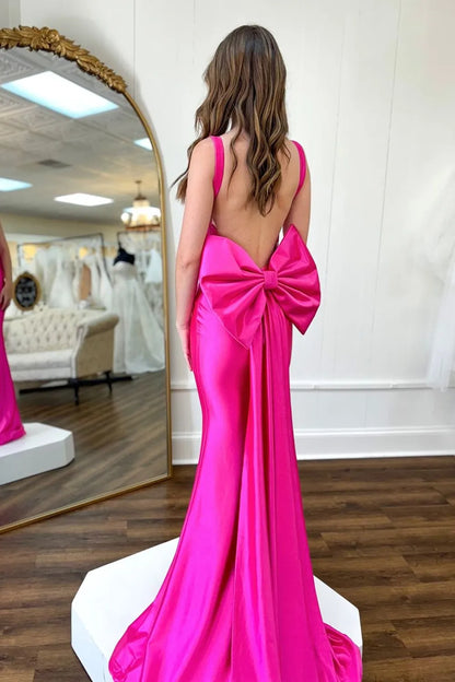 Xuewuba Formal Wear Dresses Fuchsia Spaghetti Straps Satin Mermaid Open Back Long Corset Prom Dress with Bow Prom Dresses Stores