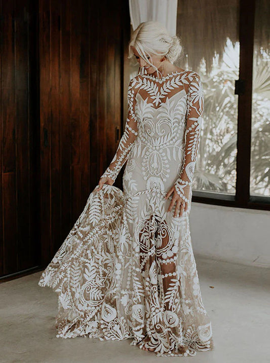 Long Sleeves Lace Boho Tulle Mermaid Wedding Dresses With Applique