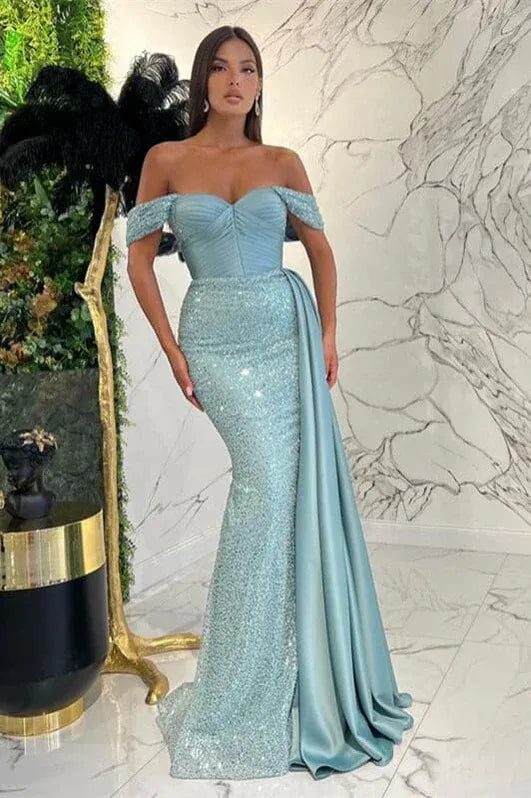 Luxurious Mermaid Off-the-Shoulder Sequins Satin Sky Blue Floor Length Evening Dresses