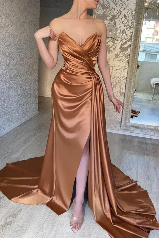 Luxurious Mermaid Sweetheart Ruched High Slit Copper Floor Length Prom Dresses