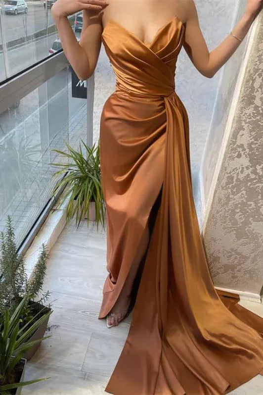 Luxurious Mermaid Sweetheart Ruched High Slit Copper Floor Length Prom Dresses