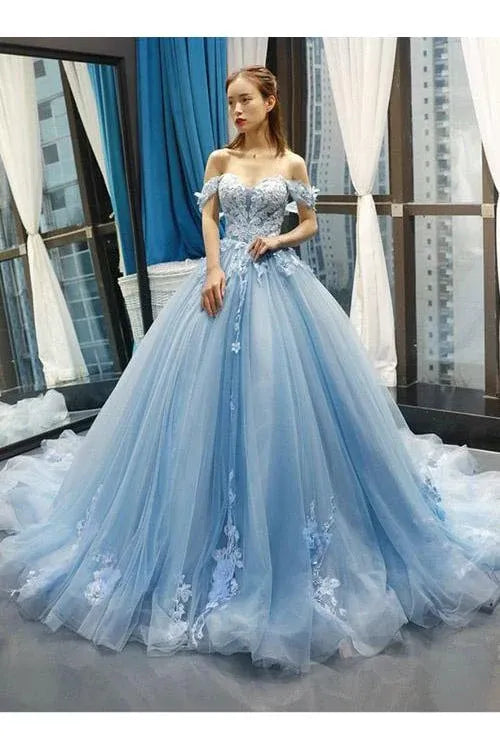Luxury Ball Gown Off The Shoulder Sleeveless Appliques Chapel Train Prom Dress